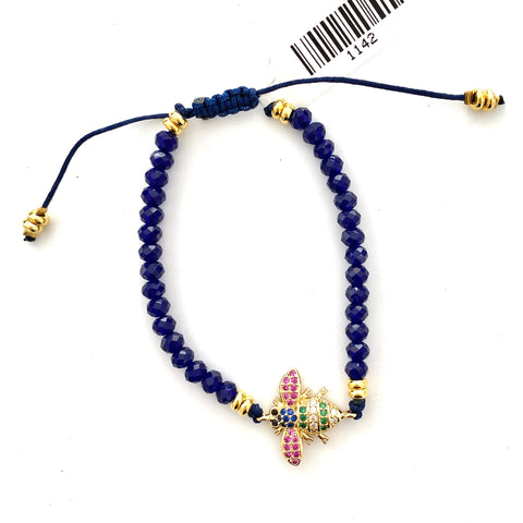 Blue Crystal Pave Bee Charm Adjustable Bracelet