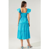 Lou Smocked Blue Tiered Midi Dress