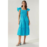 Lou Smocked Blue Tiered Midi Dress