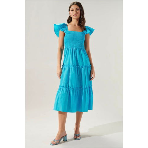 Lou Smocked Blue Tiered Midi Dress
