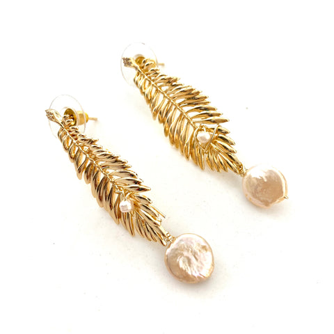 Gold Leaves with Freshwater Pearls Earrings