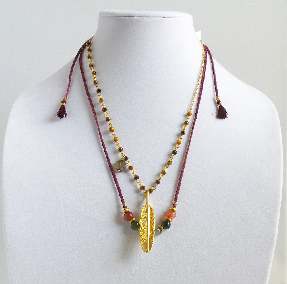 Double-layer Necklace with Golden Feather Charm - Estilo Concept Store