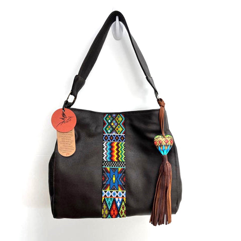 Dark Brown Leather Bead Art Handbag with Heart Charm