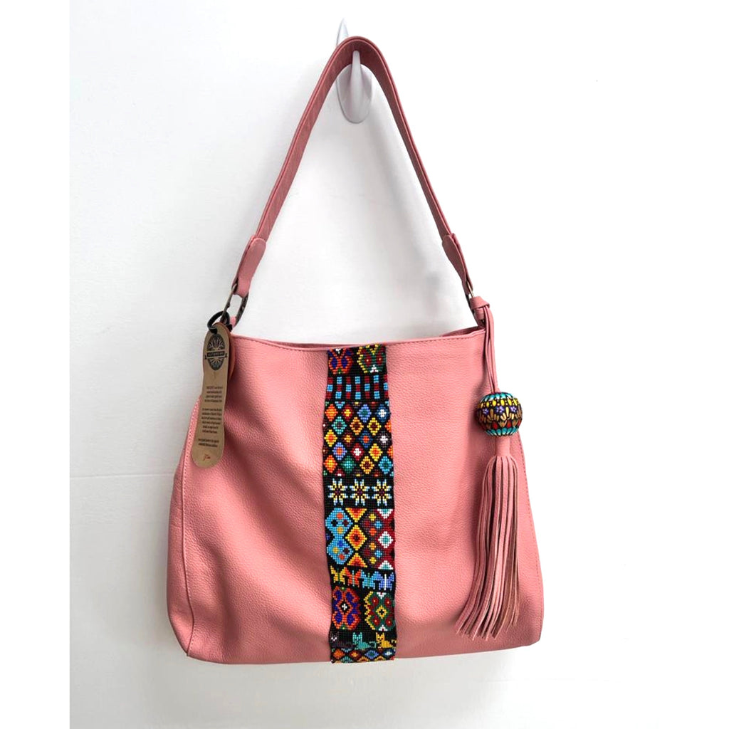 Pink Leather Bead Art Handbag