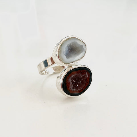 Double Big Geode Gray - Brown Silver Ring