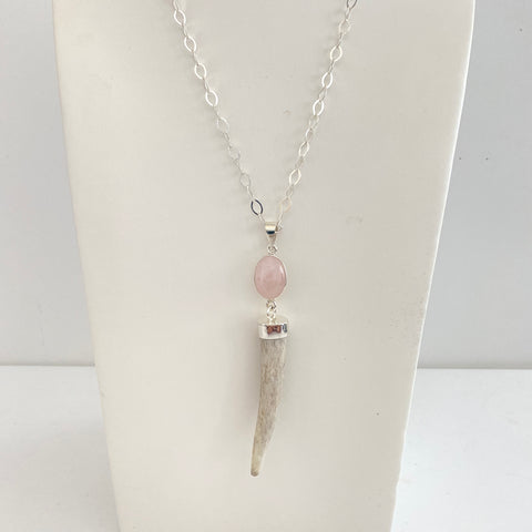 Silver Open Link Chain with Horn and Pink Quartz Necklace