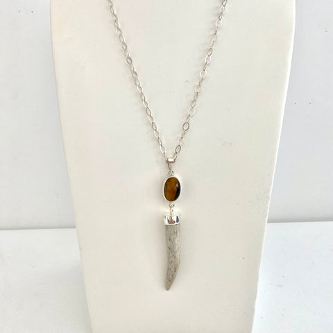 Silver Open Link Chain with Horn and Smoked Quartz Necklace