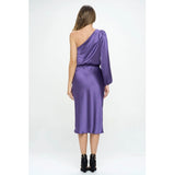Purple Satin One Shoulder Bodycon Dress w/ Asymmetric Hem