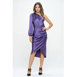 Purple Satin One Shoulder Bodycon Dress w/ Asymmetric Hem