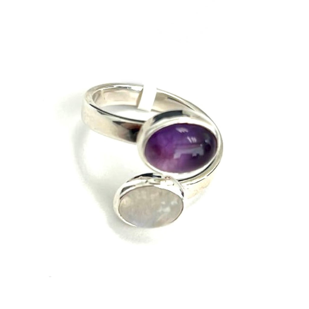 Double Amethyst and Moonstone Silver Ring