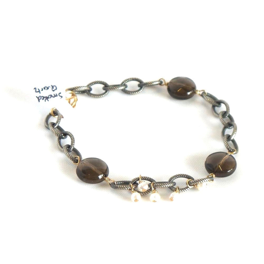 Silver Chain With Three Smoked Quartz and Pearls Bracelet