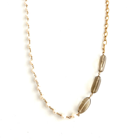 Quartz and Pearls Asymmetric Necklace